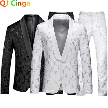 Мужской свадебный костюм-двойка с рисунком Белой Розы, деловое платье, пальто и брюки, модный приталенный костюм Terno Masculino M-5XL 6XL