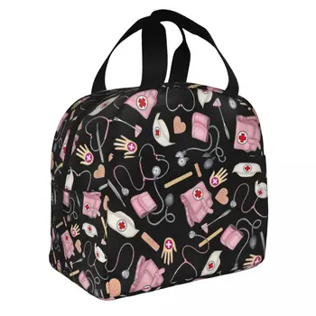 Мультяшная медсестра Изолированная сумка для ланча для женщин Портативный термоохладитель Bento Box Сумки для еды для работы, учебы и путешествий
