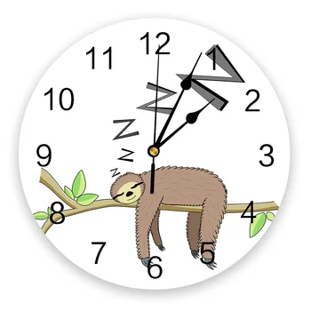 Мультяшное животное Ленивец Ветви Декоративные круглые настенные часы Дизайн с арабскими цифрами Не Тикающие Спальни Ванная комната Большие настенные часы