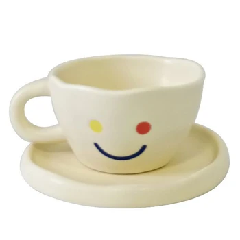Набор керамических кофейных чашек и блюдец ручной работы неправильной формы с росписью улыбающегося лица, Многоразовая Кружка для чая с молоком