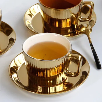 Набор кофейных чашек и Блюдец из керамики с гальваническим покрытием Golden Household Nordic Simple Milk Afternoon Tea Mug Luxury Thermal Coffee Bottle