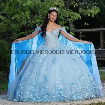 Небесно-голубые пышные платья с открытыми плечами, кружевные аппликации, бальное платье с накидкой, цветы ручной работы, Vestido De 15 16 Anos