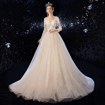 Невеста Высококачественное Легкое свадебное платье 2021, новое Свадебное платье с кружевным хвостом, Супер Фея, свадебное платье с длинным рукавом, Звездное небо, Толстая рука, свадебное платье