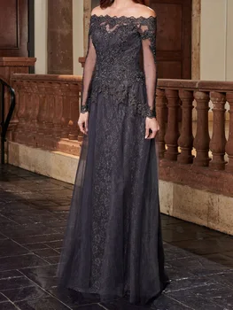 Необычное серое кружевное вечернее платье для выпускного вечера с длинными рукавами без бретелек, аппликацией из бисера, застежкой на пуговицы сзади