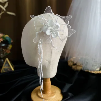 Новая голова невесты ручной работы из пряжи хуацзюань, украшенная бисером, цветочная шпилька для волос, свадебный боковой зажим, милый и романтичный стиль