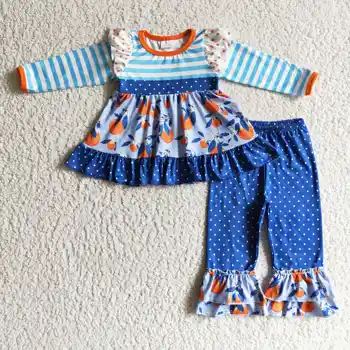 Новая Обновленная одежда RTS для детей с рюшами, бутик костюмов, Детские наряды в синий горошек, Бутик комплектов для маленьких девочек