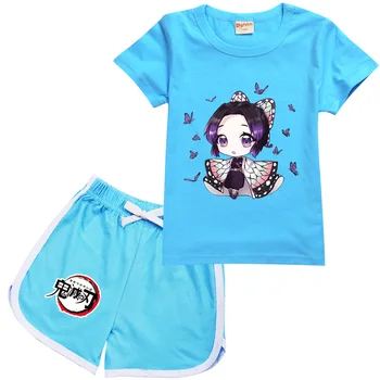 Новая одежда для девочек и мальчиков, детская спортивная футболка с 3D принтом Demon Slayer + штаны, комплект из 2 предметов, детская одежда, удобная одежда, пижамы
