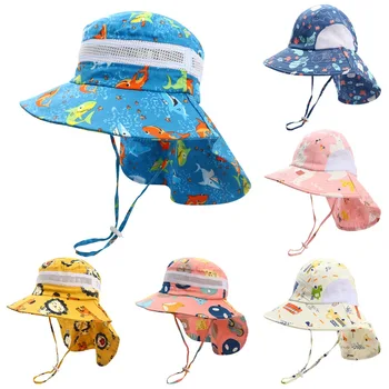 Новая Панама, летняя солнцезащитная шляпа для девочек, дышащая сетчатая кепка для мальчиков, Хлопковая детская шапочка с шалью, УФ-панама для малышей, детская рыбацкая шляпа