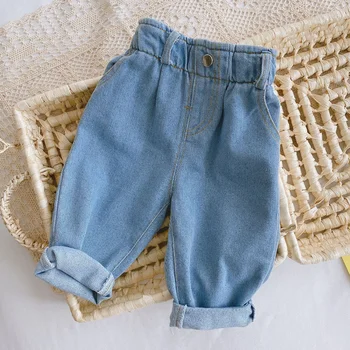 Новые детские джинсы, весна-осень, свободные джинсы для маленьких мальчиков и девочек, детские брюки с высокой талией, повседневная однотонная детская одежда в корейском стиле