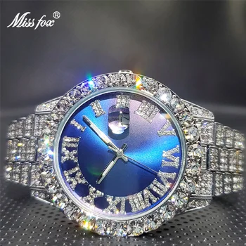 Новые мужские часы люксового бренда из 18-каратного золота Royal Blue с циферблатом Super Bling Bling Moissanite Бизнес-календарь Кварцевые часы Оптом