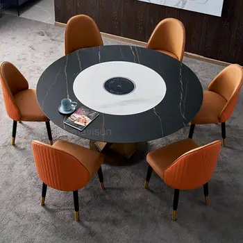 Обеденный стол из круглого сланца в помещении Встроенный Поворотный стол Бытовой Кухонный стол и четыре стула Мебель из твердых частиц GY50CZ