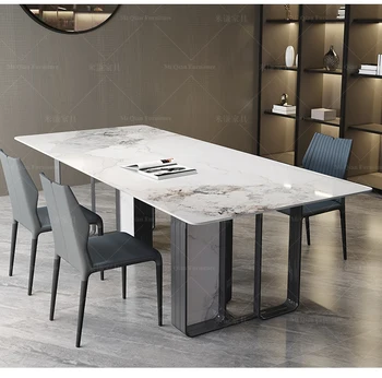 Обеденный стол с каменной плитой из нержавеющей стали, легкий роскошный стол и сочетание стульев прямоугольной формы в современном минималистичном итальянском стиле