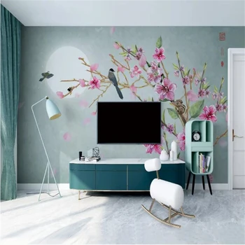 обои wellyu papel de parede на заказ, Новый китайский стиль, простая ручная роспись цветов и птиц, настенные цветы из цветов персика