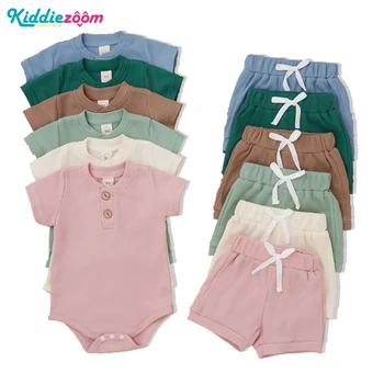 Одежда унисекс для новорожденных, комплекты для маленьких девочек, летняя одежда для маленьких мальчиков, боди с короткими рукавами + штаны, 2 предмета однотонной одежды для младенцев