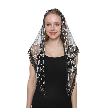 Однотонный Кружевной треугольный шарф, Молитвенная шаль, фата с кисточками в виде белого цветка, Женский Свадебный церковный платок, Вышитая повязка на голову