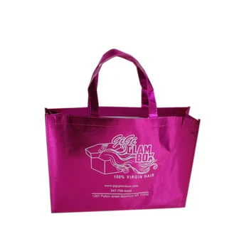 Оптовая продажа 500 шт. / лот Изготовленные на заказ Розовые Блестящие Металлические нетканые сумки для покупок с ручками, экологически Чистые прочные сумки из ламинированной ткани