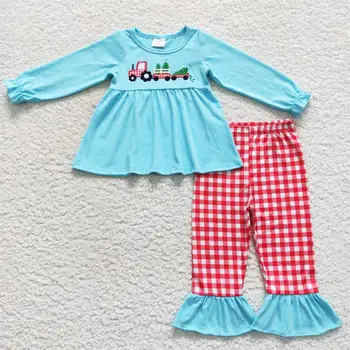 Оптовая продажа Детских красных клетчатых штанов, пижамы с вышивкой, пижамы для малышей, Рождественская елка для маленьких девочек, Хлопковая футболка
