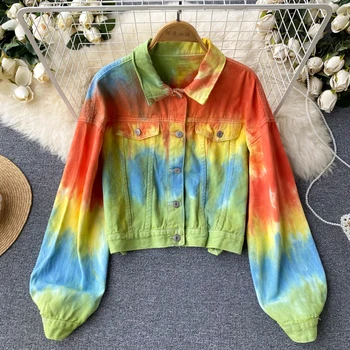 Осенняя джинсовая куртка Женская 2022, однобортная, с цветными блоками, с длинными рукавами, Модная уличная одежда, Свободное короткое пальто, женские топы