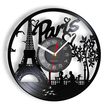 Париж Эйфелева Башня Декор стен Горизонт Франции Виниловая пластинка Настенные часы Париж Город Любви Туристический подарок Настенные часы для гостиной
