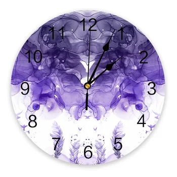 Перо Фиолетовой Летящей Птицы, Акварель, большие настенные часы, декор для ресторана, кафе, Круглые настенные часы, Бесшумное Украшение дома
