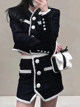 Пикантная мини-юбка с кисточками на весну-осень, Корейские комплекты из черного твида, плетеное пальто, Женские куртки, женские топы