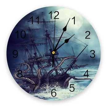 Пиратский осьминог Лунный корабль, Плавающий под парусом, Декоративные Круглые настенные часы, Индивидуальный дизайн, Не Тикающие, Бесшумные Спальни, Большие Настенные часы