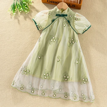 Платья для девочек Летнее платье Чонсам с рукавами-пузырями, милое платье принцессы с цветочным рисунком для детей, детская одежда для девочек, Размер 3, 4, 6, 8, 10, 12, 14