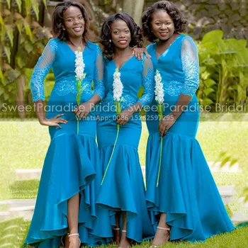 Платья подружек невесты в стиле русалки, небесно-голубые бусины, аппликации, Прозрачное свадебное платье с длинными рукавами 3/4 и V-образным вырезом, вечернее платье