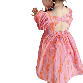 Принцесса для девочек 2023, Летняя Новая детская одежда, цельные платья с розовым бантом, детская одежда от 1 до 6 лет