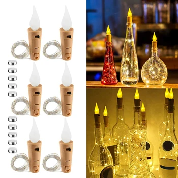 Пробковые светильники для винных бутылок с пламенем свечи, 6 шт 2 м 20 светодиодов, гирлянды из медной проволоки на батарейках, мини-звездные гирлянды