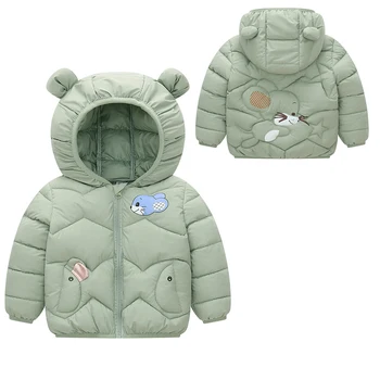 Пуховики для маленьких девочек и мальчиков, зимние пальто с мультяшным принтом и капюшоном с ушками, осенняя детская одежда, тонкая верхняя одежда 2-6 лет