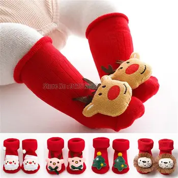 Рождественские Зимние утолщенные мультяшные детские нескользящие тапочки для пола, Рождественские носки для малышей, Красные носки для пола для малышей