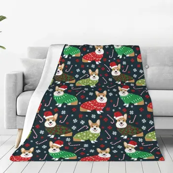 Рождественское мягкое флисовое одеяло Corgi, теплое и уютное на все сезоны, удобное одеяло из микрофибры для дивана-кровати 40 