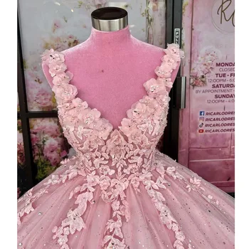 Розовые аппликации, пышные платья, Хрустальные бальные платья, 16 выпускных платьев, Vestidos XV Años