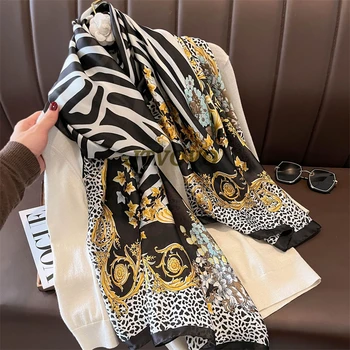 Роскошный Брендовый шелковый шарф, женские большие шали, дизайн хиджаба, леопардовый узор, имитация шелка, солнцезащитный крем, пляжное полотенце на открытом воздухе