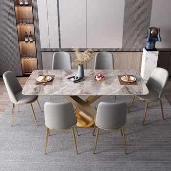 Роскошный обеденный стол из глянцевого мрамора в скандинавском стиле Creative Large Small Family Кухонная мебель Mesa De Jantar из нержавеющей стали с позолотой WK