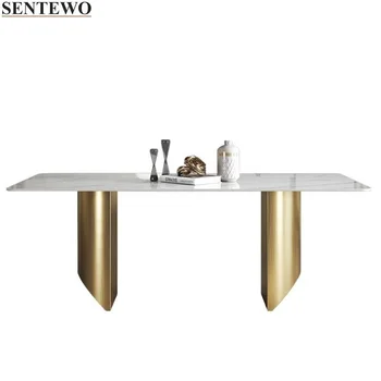 Роскошный обеденный стол из каменной плиты и 6 обеденных стульев, Металлическая, титановая, золотая основа, стол из искусственного мрамора, мебель Mobili Для La Casa