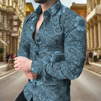 Рубашки в стиле барокко для мужчин, роскошная рубашка в стиле 3D в стиле барокко с длинным рукавом, V-образный вырез, топы оверсайз, рубашка, Одежда с настраиваемой графикой