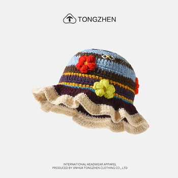 Рыбацкая шапка ручной вязки в стиле ретро с цветами, женская осенне-зимняя шапочка Sweet Basin, шерстяная шапочка