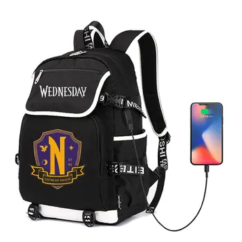 Рюкзак для путешествий на открытом воздухе с USB-зарядкой, прочный школьный рюкзак для студентов с принтом Wednesday Addams, большой емкости для ноутбука, молодежный рюкзак