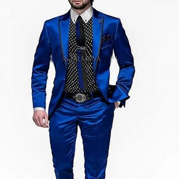 Свадебный смокинг из 2 частей для жениха, приталенные мужские костюмы, Королевский синий атласный мужской модный пиджак с брюками, костюм с отворотом