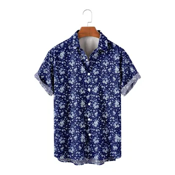 Свободная мужская рубашка с коротким рукавом, цветочный принт, отложной воротник, вариант большого размера