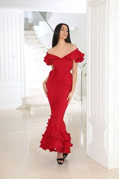 Сексуальные красные платья для выпускного вечера в стиле Русалки С открытыми плечами, оборками и поясом-кулиской, вечерние платья из ткани Вечерние платья