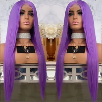 Синтетический парик с кружевом спереди Светло-фиолетового цвета, Длинные шелковистые прямые волосы из термостойкого волокна, натуральные волосы без пробора для женских париков