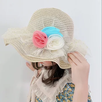 Соломенная шляпа принцессы для девочек с большими полями, Летние Милые пляжные кепки с кружевным цветком, солнцезащитная шляпа-ведро для путешествий на открытом воздухе