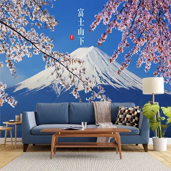 Спальня и гостиная с 3D-дизайном с видом на цветущую сакуру у подножия горы Фудзи