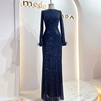 Темно-синие вечерние платья для женщин, футляр, длинный рукав, плиссированные платья для выпускного вечера с блестками, летнее Vestido De Noche 2023