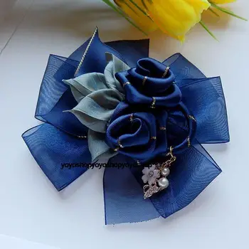 темно-синяя роза, пряжа ручной работы, жемчужный бант, заколка для волос, классические цветочные аксессуары для волос