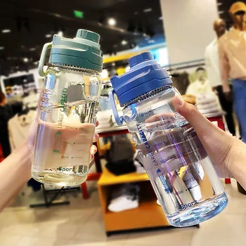Уличная бутылка для воды, портативная Прозрачная бутылка для воды большой емкости с отскакивающей крышкой, напоминание о шкале времени для занятий спортом и фитнесом