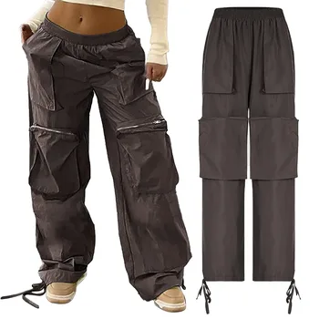 Уличные Свободные тканые брюки на молнии с большим карманом И эластичным поясом, завязывающимся на шнурке, Повседневные женские повседневные брюки с карманами